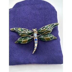 Vintage Green Enamel Dragonfly Brooch Silver Tone Blue Crystal Accent Pin